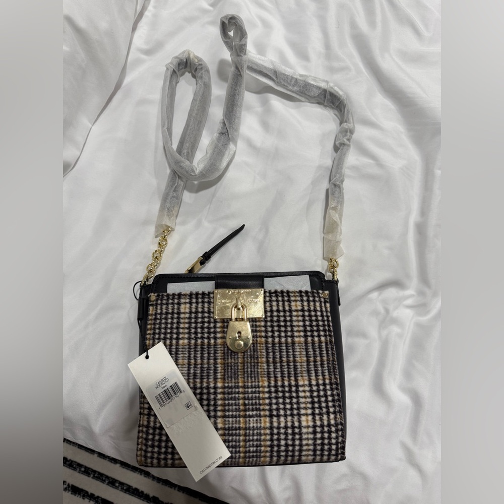 Calvin Klein Camille Daytona Crossbody Bag - Plaid and Leather with Gold Lock